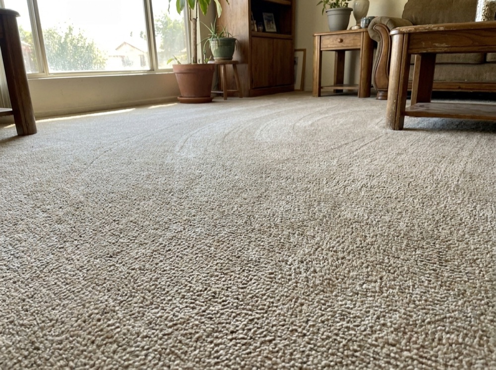 Same carpet lifted clean and bright after hot-water extraction